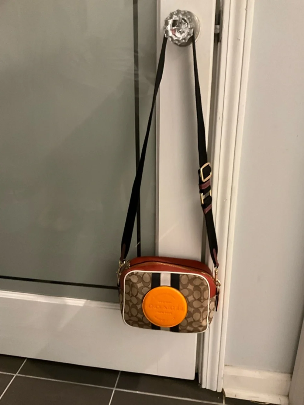 Coach Dempsey Camera Bag In Signature Jacquard w/Orange Coach Patch